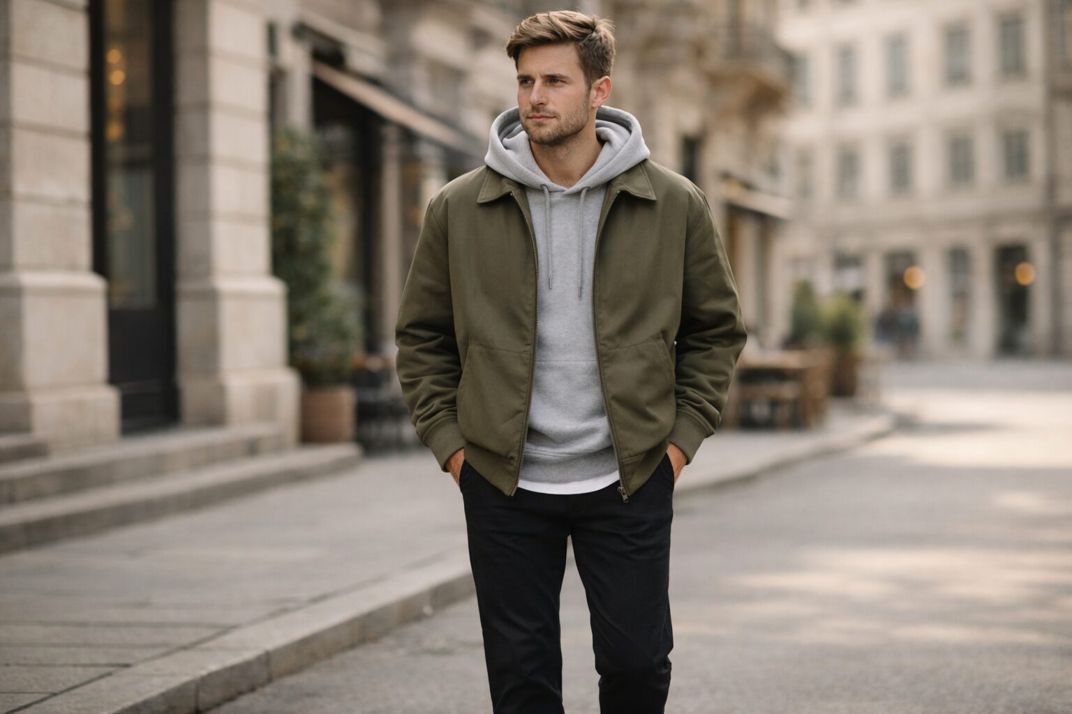 Layer mit Kapuzenpullover unter Jacke