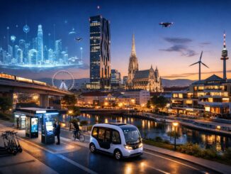 Zukunftsvision von Wien bei Dämmerung