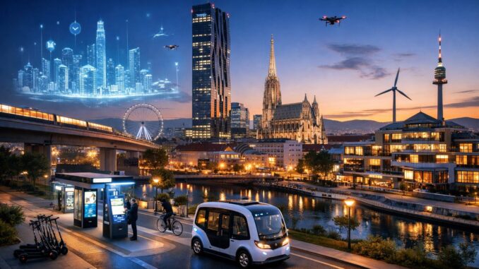 Zukunftsvision von Wien bei Dämmerung