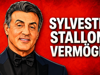 Cartoon-Illustration von Sylvester Stallone vor rotem Hintergrund mit dem Schriftzug „Sylvester Stallone Vermögen“