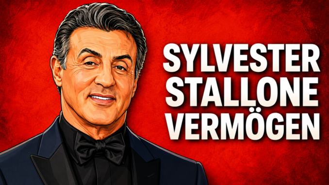 Cartoon-Illustration von Sylvester Stallone vor rotem Hintergrund mit dem Schriftzug „Sylvester Stallone Vermögen“