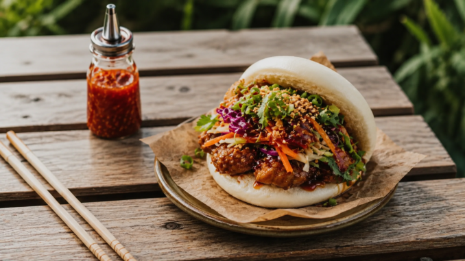 Realistisch fotografierter Bao Bun mit würziger Füllung, frischem Gemüse, Kräutern und Sesam auf einem Holztisch neben Chili-Sauce und Essstäbchen.