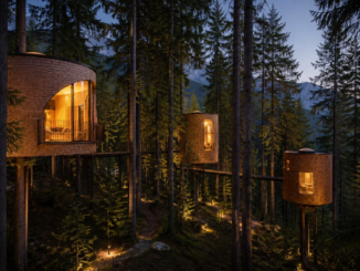 Modern gestaltete Baumhäuser mit warm beleuchteten Fenstern in einem dichten österreichischen Bergwald bei Dämmerung