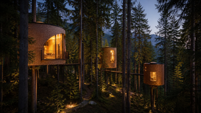 Modern gestaltete Baumhäuser mit warm beleuchteten Fenstern in einem dichten österreichischen Bergwald bei Dämmerung