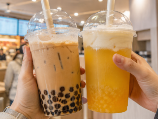 Zwei Bubble Teas mit Tapioka-Perlen und Fruchtgeschmack werden in einem modernen Bubble-Tea-Laden hochgehalten