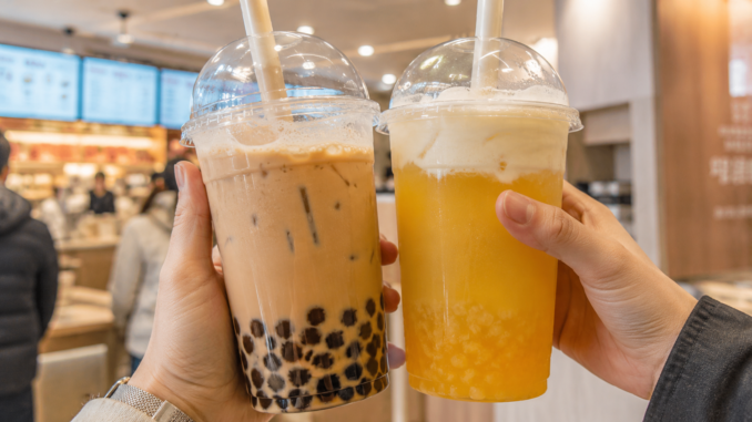 Zwei Bubble Teas mit Tapioka-Perlen und Fruchtgeschmack werden in einem modernen Bubble-Tea-Laden hochgehalten