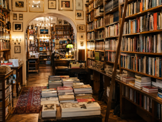 Gemütliche Wiener Buchhandlung mit hohen Holzregalen, Bücherstapeln und warmem Licht