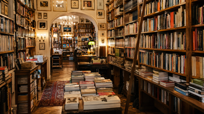 Gemütliche Wiener Buchhandlung mit hohen Holzregalen, Bücherstapeln und warmem Licht