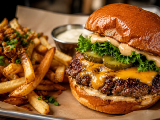 Saftiger Cheeseburger im Brioche Bun mit Salat, Essiggurken und knusprigen Pommes