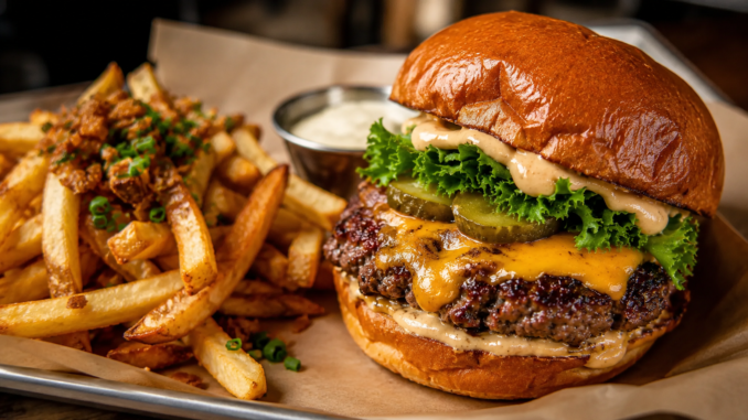 Saftiger Cheeseburger im Brioche Bun mit Salat, Essiggurken und knusprigen Pommes