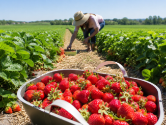 Person beim Erdbeerpflücken auf einem sonnigen Feld mit einem vollen Korb frischer Erdbeeren im Vordergrund