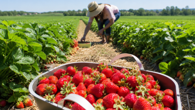 Person beim Erdbeerpflücken auf einem sonnigen Feld mit einem vollen Korb frischer Erdbeeren im Vordergrund