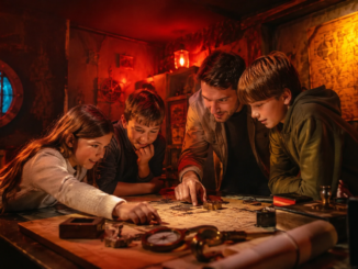 Kinder lösen gemeinsam mit einem Erwachsenen Rätsel in einem stimmungsvoll beleuchteten Escape Room.