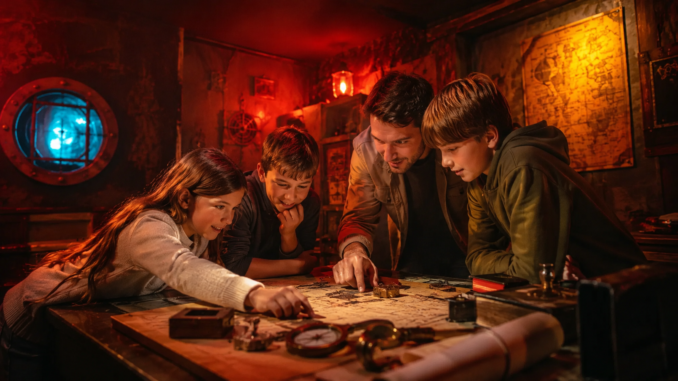 Kinder lösen gemeinsam mit einem Erwachsenen Rätsel in einem stimmungsvoll beleuchteten Escape Room.