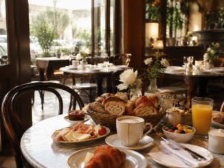 Reich gedeckter Frühstückstisch mit Croissants, Brot, Käse, Schinken, Obst, Kaffee und Orangensaft in einem gemütlichen Café.