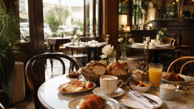 Reich gedeckter Frühstückstisch mit Croissants, Brot, Käse, Schinken, Obst, Kaffee und Orangensaft in einem gemütlichen Café.