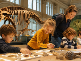 Kinder entdecken Fossilien und malen bei einem Familienworkshop vor einem Dinosaurierskelett im Museum