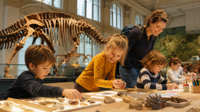 Kinder entdecken Fossilien und malen bei einem Familienworkshop vor einem Dinosaurierskelett im Museum