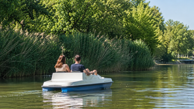 Paar fährt an einem sonnigen Sommertag mit einem Tretboot über die Alte Donau in Wien