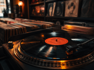 Plattenspieler mit schwarzer Vinyl-Schallplatte in einem stimmungsvoll beleuchteten Wiener Plattenladen