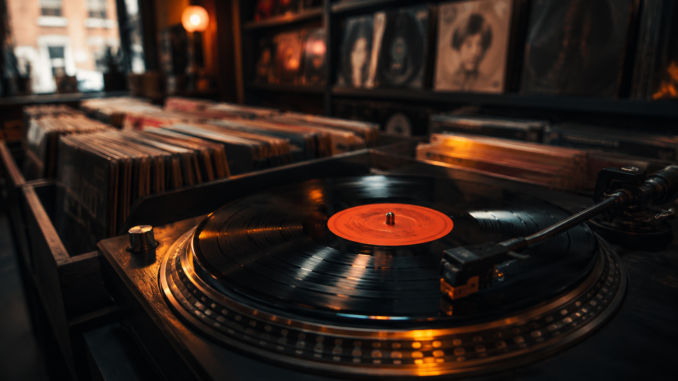 Plattenspieler mit schwarzer Vinyl-Schallplatte in einem stimmungsvoll beleuchteten Wiener Plattenladen