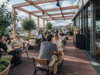 Gut besuchte Rooftop-Terrasse in Wien mit Holzboden, Pflanzen und Blick über die Stadt.