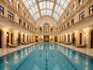 Historisches Hallenbad mit großem Schwimmbecken, Glasdach und eleganter Architektur