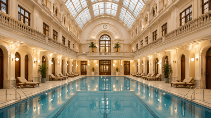 Historisches Hallenbad mit großem Schwimmbecken, Glasdach und eleganter Architektur