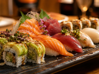 Sushi-Platte mit Lachs, Thunfisch, Nigiri, Sashimi und Avocado-Rolls in einem japanischen Restaurant