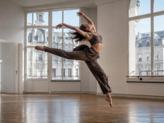 Tänzerin bei einem dynamischen Sprung in einem hellen Wiener Tanzstudio mit großen Fenstern und Holzboden.