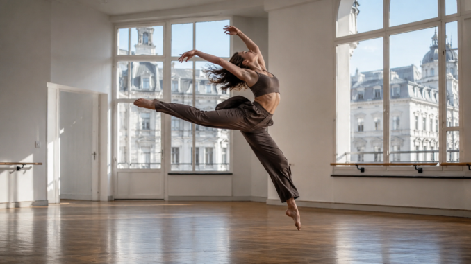 Tänzerin bei einem dynamischen Sprung in einem hellen Wiener Tanzstudio mit großen Fenstern und Holzboden.