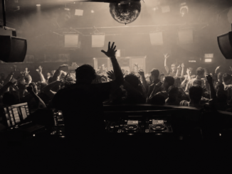 DJ spielt vor einer feiernden Menschenmenge in einem Techno-Club in Wien unter einer Discokugel.
