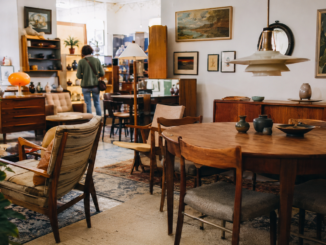 Innenansicht eines Wiener Vintage-Möbelgeschäfts mit Holztischen, Sesseln, Lampen, Sideboards und gerahmten Bildern