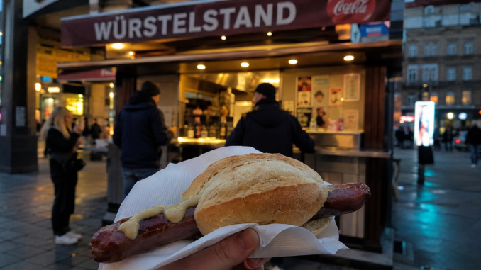 Käsekrainer im Brot mit Senf vor einem beleuchteten Wiener Würstelstand am Abend