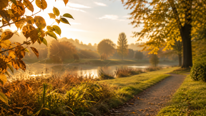 Goldener Herbsttag mit feinen Spinnfäden im Sonnenlicht an einem See