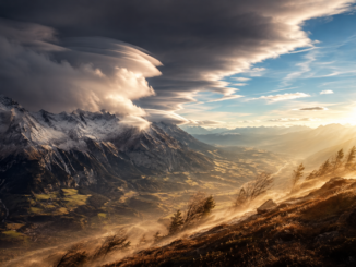 Alpenlandschaft mit starkem Föhnwind und markanten Wolken über den Bergen