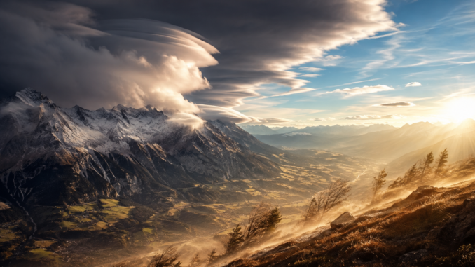 Alpenlandschaft mit starkem Föhnwind und markanten Wolken über den Bergen