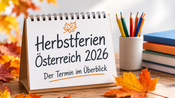 Herbstferien Österreich 2026 mit Kalender, bunten Herbstblättern und Schulmaterialien.