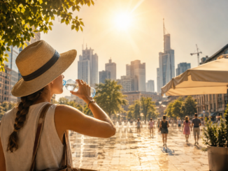 Frau mit Sonnenhut trinkt bei großer Hitze in einer sonnigen Stadt Wasser