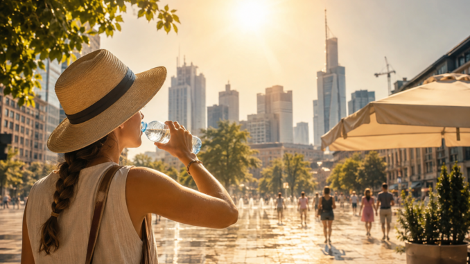 Frau mit Sonnenhut trinkt bei großer Hitze in einer sonnigen Stadt Wasser