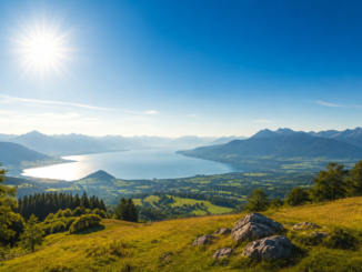 Sonnige Berglandschaft mit blauem Himmel, See und kaum vorhandenen Wolken