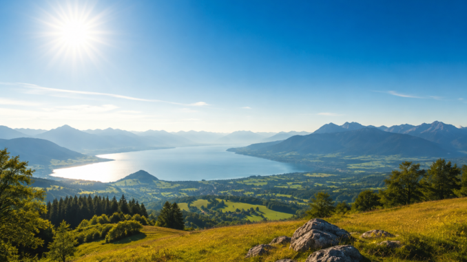 Sonnige Berglandschaft mit blauem Himmel, See und kaum vorhandenen Wolken