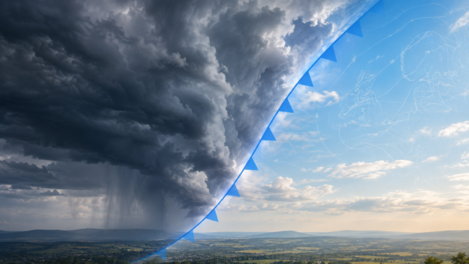 Kaltfront über einer Landschaft mit dunklen Gewitterwolken und Regen auf der einen sowie aufklarendem Himmel auf der anderen Seite. Eine blaue Frontlinie mit Dreiecken markiert die heranziehende Kaltfront.