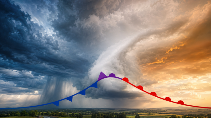 Kaltfront und Warmfront treffen unter dramatischen Wolken zu einer Okklusion zusammen