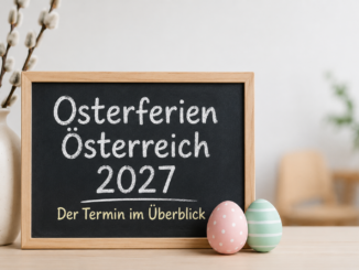 Osterferien Österreich 2027 mit Ostereiern, Frühlingsblumen und Wiener Stadtpanorama.