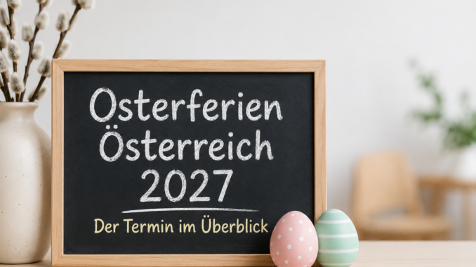 Osterferien Österreich 2027 mit Ostereiern, Frühlingsblumen und Wiener Stadtpanorama.