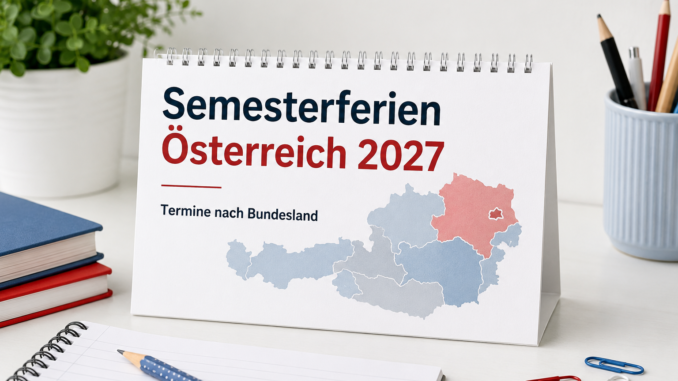 Semesterferien Österreich 2027 mit Kalender, Schulmaterialien und Österreich-Karte.
