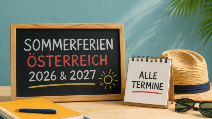 Kinder genießen die Sommerferien am Wiener Donaukanal, während im Vordergrund ein leerer Schulranzen steht.