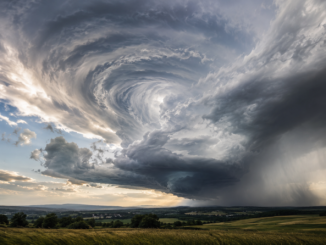 Dramatische spiralförmige Wolken und Regen über einer Landschaft bei Tiefdruckwetter