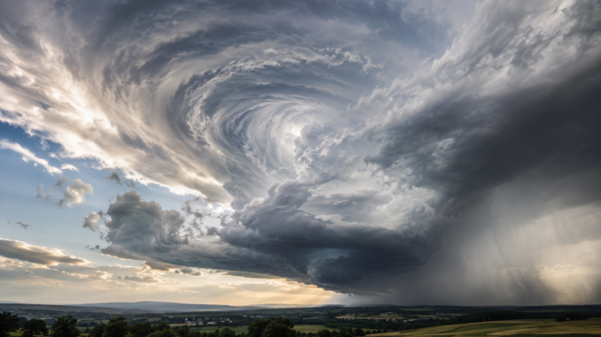 Dramatische spiralförmige Wolken und Regen über einer Landschaft bei Tiefdruckwetter